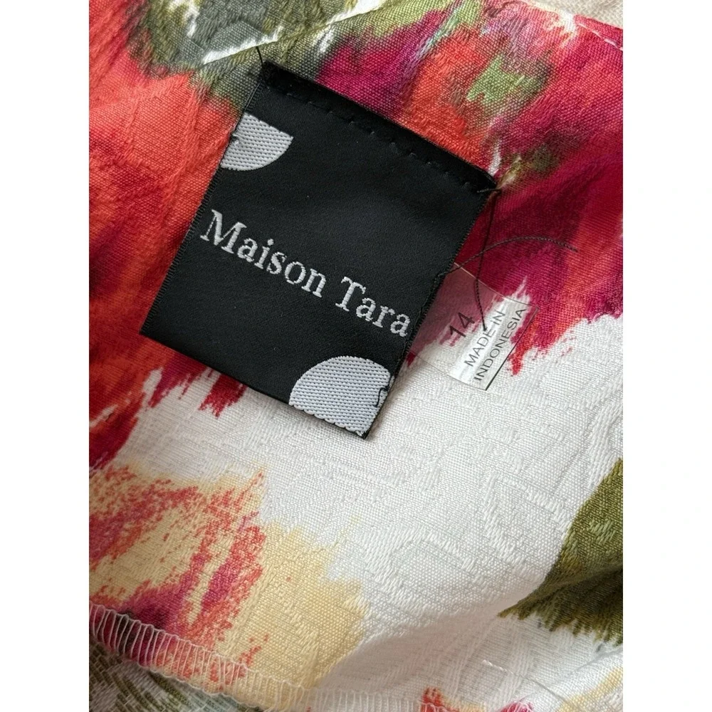 Maison Tara Jacquard Fit & Flare Dress Size 14 Red White Floral Print Tea Garden